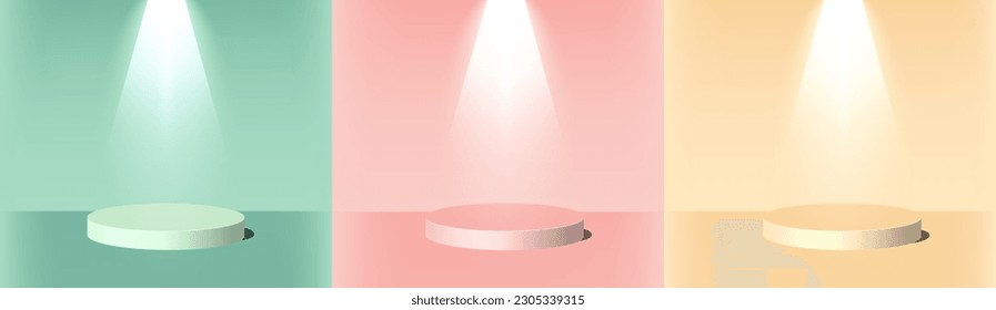 3D cylinder pedestal podium. Set of 3 colorful podium, green, peach and yellow.