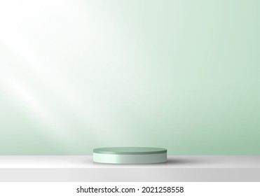 3D cylinder pedestal product display presentation minimal wall scene green mint color background. You can use for cosmetic, mockup, exhibition, etc. Vector illustration