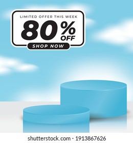 3D Cylinder podium minimal scene square background with sale offer text. blue pastel colour theme for show product promotion. -3D Vector.