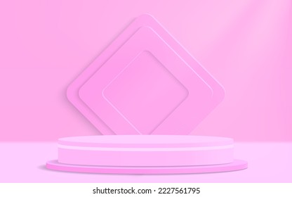 3d cylinder podium on pink geometric display platform. Vector rendering of podium pedestal shape for product presentation, showcase, mock up. Minimal stage scene platform
