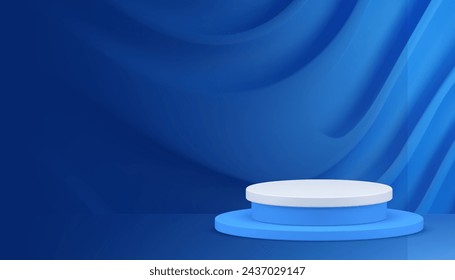 3d cylinder podium pedestal blue abstract silk wave wall background showroom realistic vector illustration. Round commercial display minimalist aesthetic showcase ripple curved wavy space interior