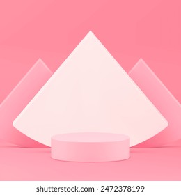 3d cylinder podium pedestal display with white triangle wall background realistic vector illustration. Elegant trendy advertising showroom commercial geometric showcase for product show presentation