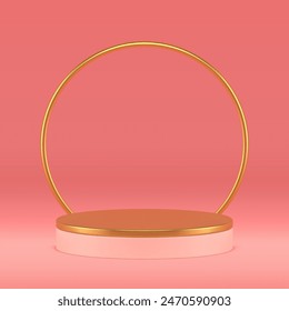 3d cylinder podium pedestal with golden circle ring background pink display realistic vector illustration. Elegant feminine trendy pastel showcase round luxury stand for product commercial show