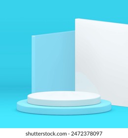 3d cylinder podium pedestal light blue display for product show realistic vector illustration. Pastel trendy round platform shopping sale white stand for commercial presentation angle wall background