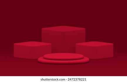 3d cylinder podium pedestal red geometric showroom realistic vector illustration. Trendy advertising showcase studio space interior with cubes wall background mock up for product show presentation