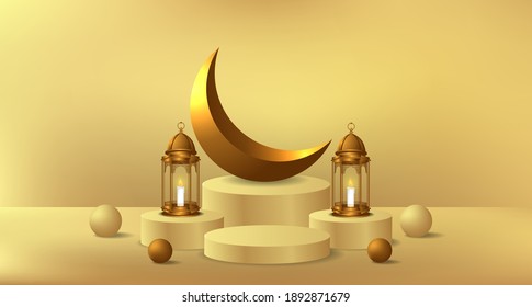3d cylinder podium product display for ramadan with 3d illustration of golden lantern lamp and golden crescent moon decoration