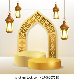 3d cylinder podium product display and door mosque arabic pattern with hanging golden lantern lamp for ramadan mubarak kareem islamic event