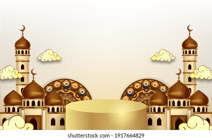 3d cylinder podium product display for ramadan or eid mubarak islamic event with mosque 3d building decoration