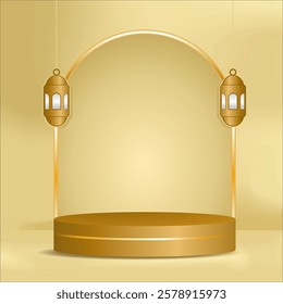 3d cylinder podium product display with door masque arabic pattern with golden lantern lamp for ramadan mubarak kareem islamic event