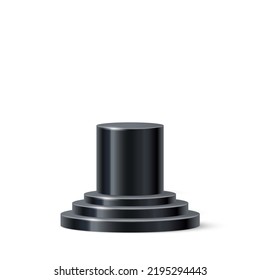 3d cylinder podium vector illustration. Realistic black stand with circle base platform, display mockup for presentation of product with steps on circular stage, studio pedestal on white background