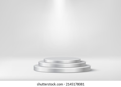 3d cylinder podiums for product presentation in showroom vector illustration. Realistic luxury silver platform under spotlights on exposition, grey or chrome display base with three steps background