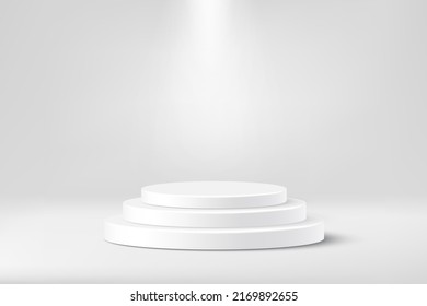 3d cylinder podiums for product presentation in showroom under spotlight vector illustration. Realistic luxury white platform, grey display base with three steps isolated on grey background.