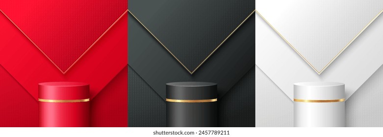 3D cylinder realistic podium set in red, black and white colors with abstract geometric shapes background.