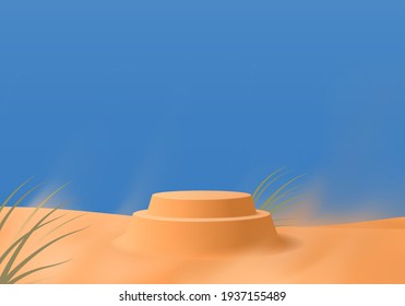 3d cylinder sand podium in windy desert for product display. Sand Podium. Podium, pedestal, stage, base. 