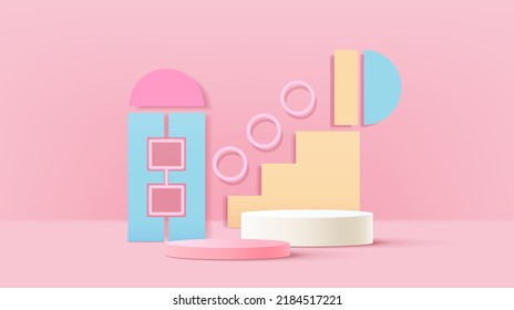 3D cylinder stand podium with geometric shapes layers scene background. Abstract minimal wall scene for product stage showcase, promotion display. Vector pastel geometric forms.