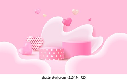 3D cylinder stand podium with geometric shapes layers scene background. Abstract minimal wall scene for product stage showcase, promotion display. Vector pastel geometric forms.