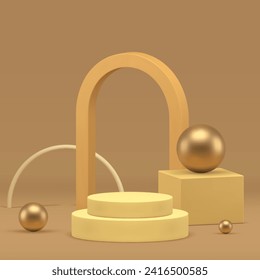 3d cylinder step podium pedestal with beige arch and golden sphere realistic vector background. Pastel neutral luxury showroom geometric advertising studio product presentation commercial showcase