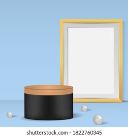 3d cylinder wood podium with blank frame background design