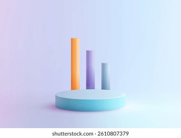 3d cylinders bar graph on a light blue circular platform, representing business data analytics and financial growth. Modern infographic design presentations, reports, corporate marketing strategies