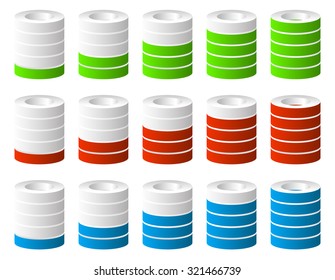 3d Cylinders. Level, completion, fullness, step or progress indicators. 