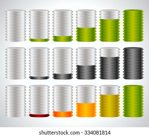 3d cylinders. Level, completion, fullness, steps or progress indicators.