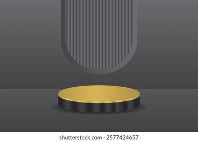 3D cylindrical gold podium, black gradient background with vertical texture elements, mockup appearance, giving a futuristic and modern feel.