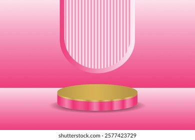 3D cylindrical gold podium, pink gradient background with vertical texture elements, mockup appearance, giving a futuristic and modern feel.