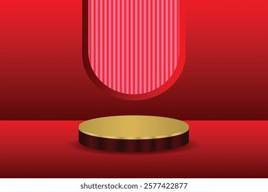 3D cylindrical gold podium, red gradient background with vertical texture elements, mockup appearance, giving a futuristic and modern feel.