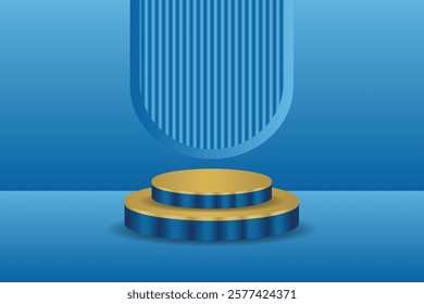 3D cylindrical gold tiered podium, blue gradient background with vertical texture elements, mockup appearance, giving a futuristic and modern feel.