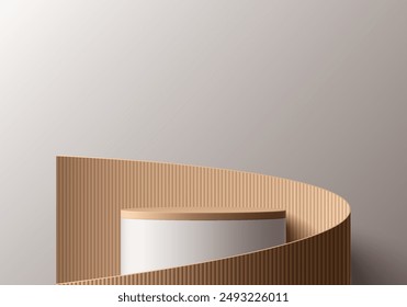 Fondo de podio gris cilíndrico 3D con escena de pared de papel de envoltura de rollo de madera marrón. pedestal de maqueta minimalista, presentación Abstractas de la exhibición del producto, escaparate del escenario. Diseño geométrico de Vector de plataformas.