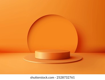 3D cylindrical orange podium placed on a larger platform in back of an orange wall with a circular backdrop. Ideal for product displays, mockups, or showroom showcases, modern style