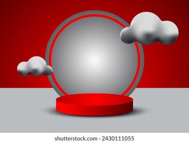 3D cylindrical pedestal podium with circles and clouds background. Minimal scene for product stage exhibition, promotional display.