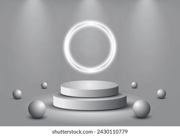 3D cylindrical pedestal podium with glowing circles and balls background. Minimal scene for product stage exhibition, promotional display.