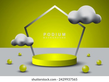 3D cylindrical pedestal podium with pentagons and clouds background. Minimal scene for product stage exhibition, promotional display.