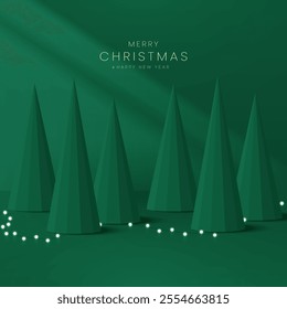 3D cylindrical podium christmas background with neon ball and christmas tree wall scene. Christmas greetings vector background design.