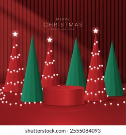 3D cylindrical podium christmas background with neon ball and christmas tree wall scene. Christmas greetings vector background design.