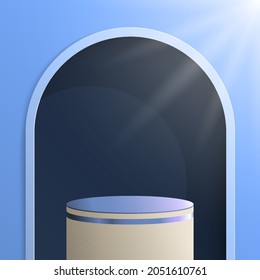 3D cylindrical podium vector illustration with sunlight. Empty pedestal concept for fashion and cosmetic display