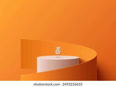 3D cylindrical white podium background with roll wrap orange paper wall scene. Minimalist 3D mockup pedestal, Abstract product display presentation, Stage showcase. Platforms vector geometric design.