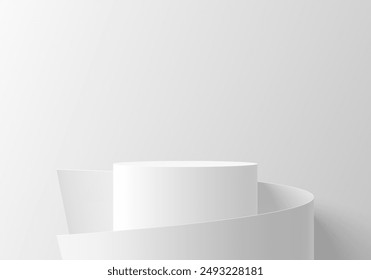 3D cylindrical white podium background with roll wrap paper wall scene. Minimalist 3D mockup pedestal, Abstract cosmetic product display presentation, Stage showcase. Platforms vector geometric design