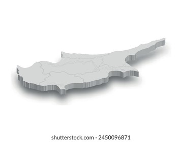 Weiße Karte von 3D Zypern mit isolierten Regionen auf weißem Hintergrund