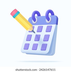 3d Daily calendar plan blank paper with pencil icon. Modern design, 3d rendering. Vector illustration