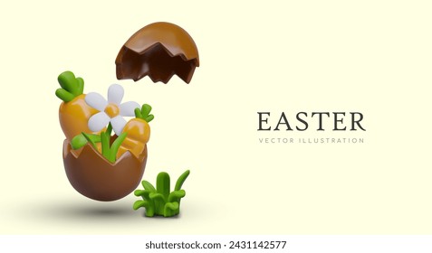 3D daisy, carrot inside chocolate egg, green grass