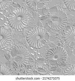 3d daisy and chamomile flowers seamless pattern. Textured  flowers relief white background. Repeat emboss floral backdrop. Surface leaves, flowers, plants. 3d flowers ornament with embossing effect.