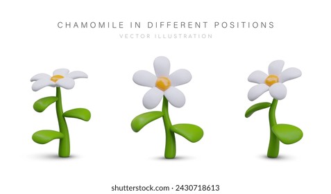 3D Gänseblümchen in verschiedenen Positionen. Farbige Blume im Plastilin-Stil