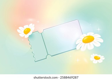 3d Daisy Flowers with coupon label, banner in Y2K style isolated on Gradient Pastel background.