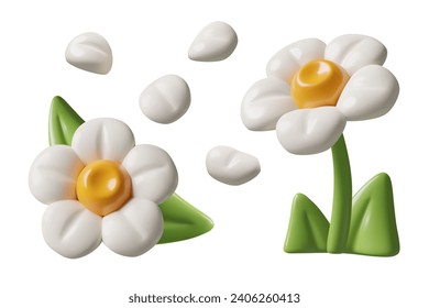 3D daisy flowers petals and green leaves. Vector three dimensional floral design elements set isolated on white background. Spring and summer stylized minimal plastic decorations.