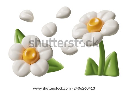 3D daisy flowers petals and green leaves. Vector three dimensional floral design elements set isolated on white background. Spring and summer stylized minimal plastic decorations.