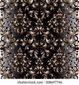 3d damask baroque seamless pattern.Floral 3d ornament with vintage decorative antique gold 3d flowers and leaves.Vector floral background.Damask baroque wallpaper .Black and gold baroque pattern