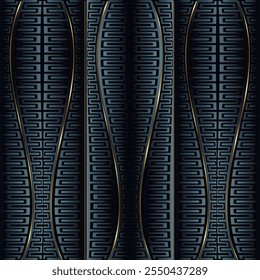 Modelo inconsútil lujoso negro oscuro 3D con líneas de Vertical curvas, ondas, líneas de oro, laberintos intrincados y meandro clave griego. Vector ornamental texturizado fondo brillante. Superficie ornamentos ornamentados.