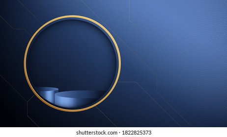 3d Dark blue circle podium display with Abstract gold geometric shape luxury concept. Vector Illustration